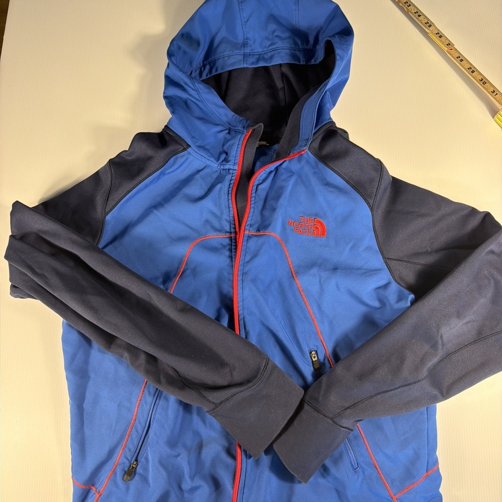 The North Face Kilowatt Varsity Jacket Men's Medium Blue Full Zip Hooded Stretch